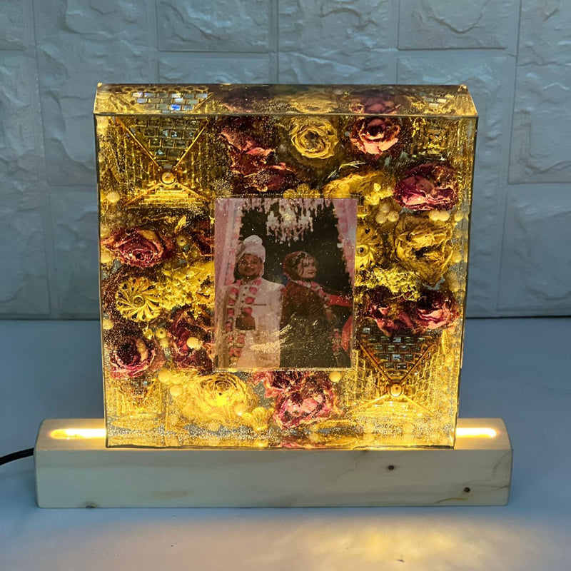 Beautiful Varmala Flower Preservation Frame on Wooden LED Base
