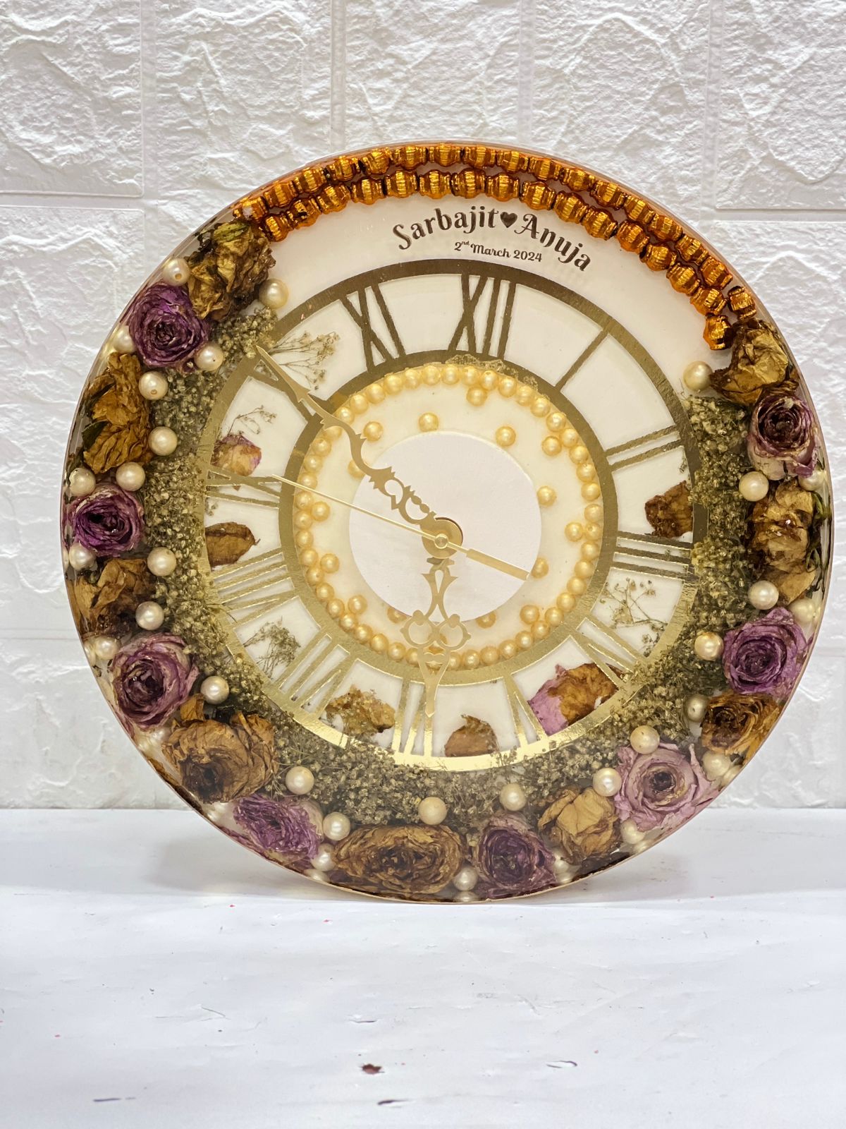 Premium varmala preservation pink roses heavy wall clock / flower preservation clock