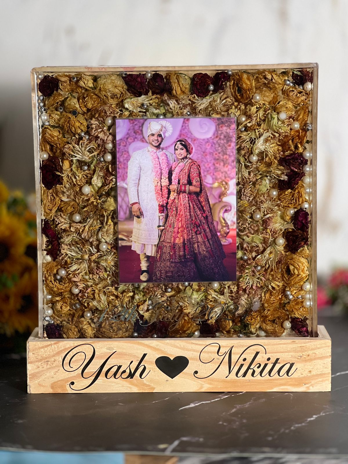 12 inch frame with couple photo with  Name and date with LED lamp