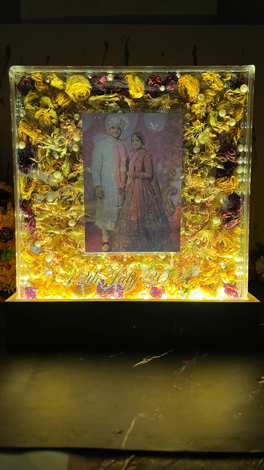 12 inch frame with couple photo with  Name and date with LED lamp