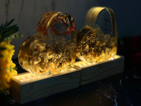 Beautiful heart shape with Yellow flower and Name and Date with LED lamp varmala preservation