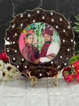 Round shape curve shape with photo and name and date with rose Petals with pearls with metal stand Eternal Epoxy Shaadi Roses Display ( 10inch )