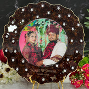 Round shape curve shape with photo and name and date with rose Petals with pearls with metal stand Eternal Epoxy Shaadi Roses Display ( 10inch )
