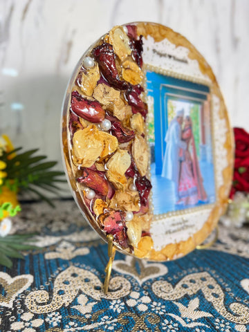 Resin 10inch round with red and yellow patels with moti and couple photo and name and date with metal stand Varmala Preservation