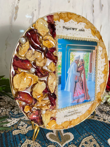 Resin 10inch round with red and yellow patels with moti and couple photo and name and date with metal stand Varmala Preservation