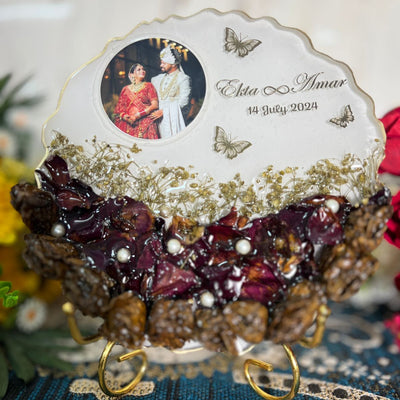 Scalloped Varmala Plaque with Photo and Butterflies, 8 Inch