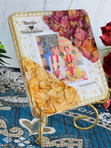 Resin 6inch coster with red and yellow patels with pearl and couple  photo and name and date with metal stand Varmala preservation