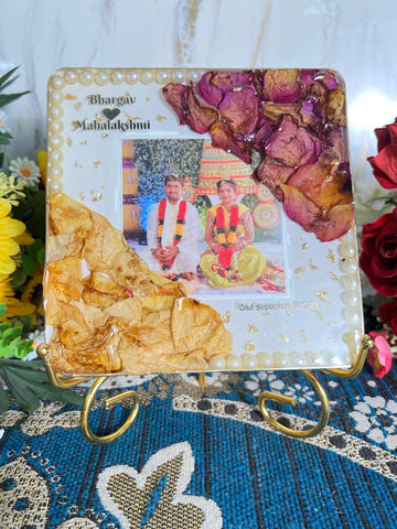 Resin 6inch coster with red and yellow patels with pearl and couple  photo and name and date with metal stand Varmala preservation
