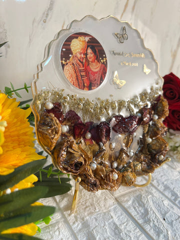 Resin 8inch curve shape yellow flowers with pearls with metal stand with couple photo and and Name varmala preservation