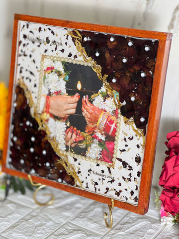 Resin 12by12 inch with red patels and pearl with couple photo and name and date with LED light varmala preservation