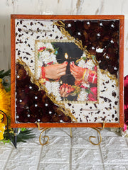 Resin 12by12 inch with red patels and pearl with couple photo and name and date with LED light varmala preservation