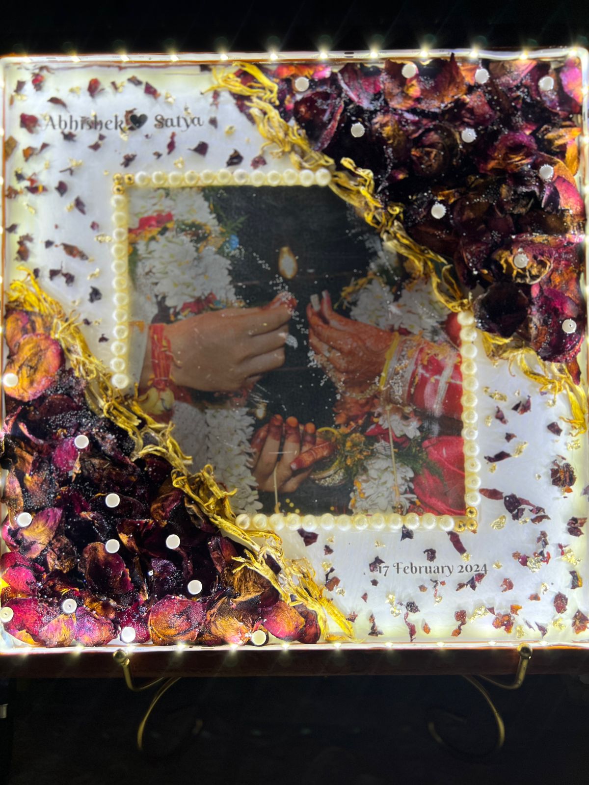 Resin 12by12 inch with red patels and pearl with couple photo and name and date with LED light varmala preservation