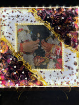 Resin 12by12 inch with red patels and pearl with couple photo and name and date with LED light varmala preservation