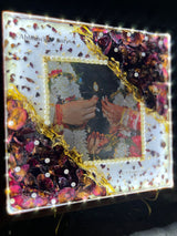 Resin 12by12 inch with red patels and pearl with couple photo and name and date with LED light varmala preservation