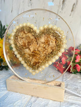 Resin 8inch Round with Heart shape with pearl border and yellow peatles with babybreath with couple Name and date with LED stand Varmala preservation