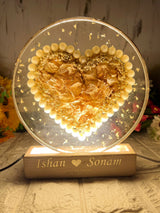 Resin 8inch Round with Heart shape with pearl border and yellow peatles with babybreath with couple Name and date with LED stand Varmala preservation