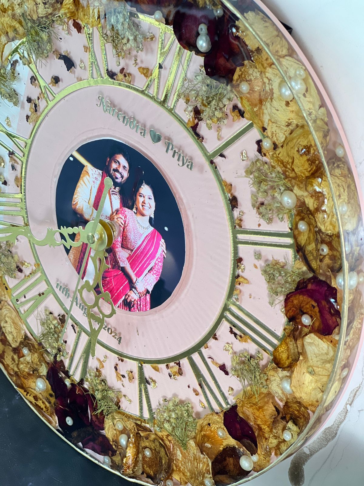 Resin clock Red and yellow Petals with pearl with babybreath with couple photo and couple name , Varmala preservation