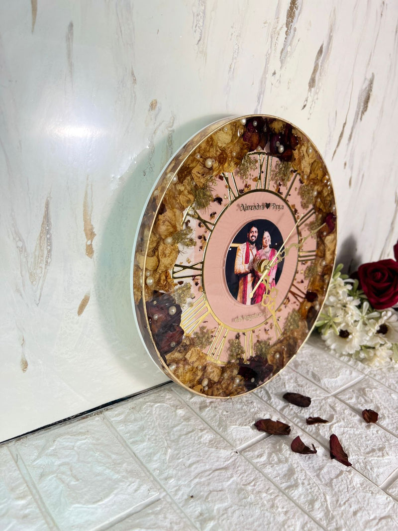 Resin clock Red and yellow Petals with pearl with babybreath with couple photo and couple name , Varmala preservation