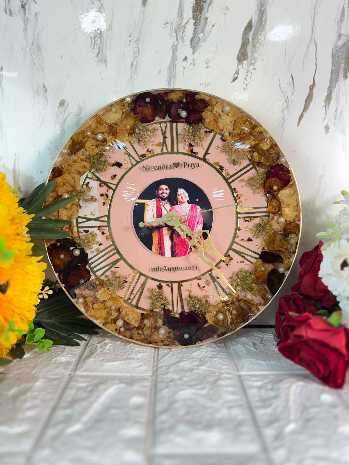 Resin-Preserved Round Wall Clock | Wedding Flower Preservation