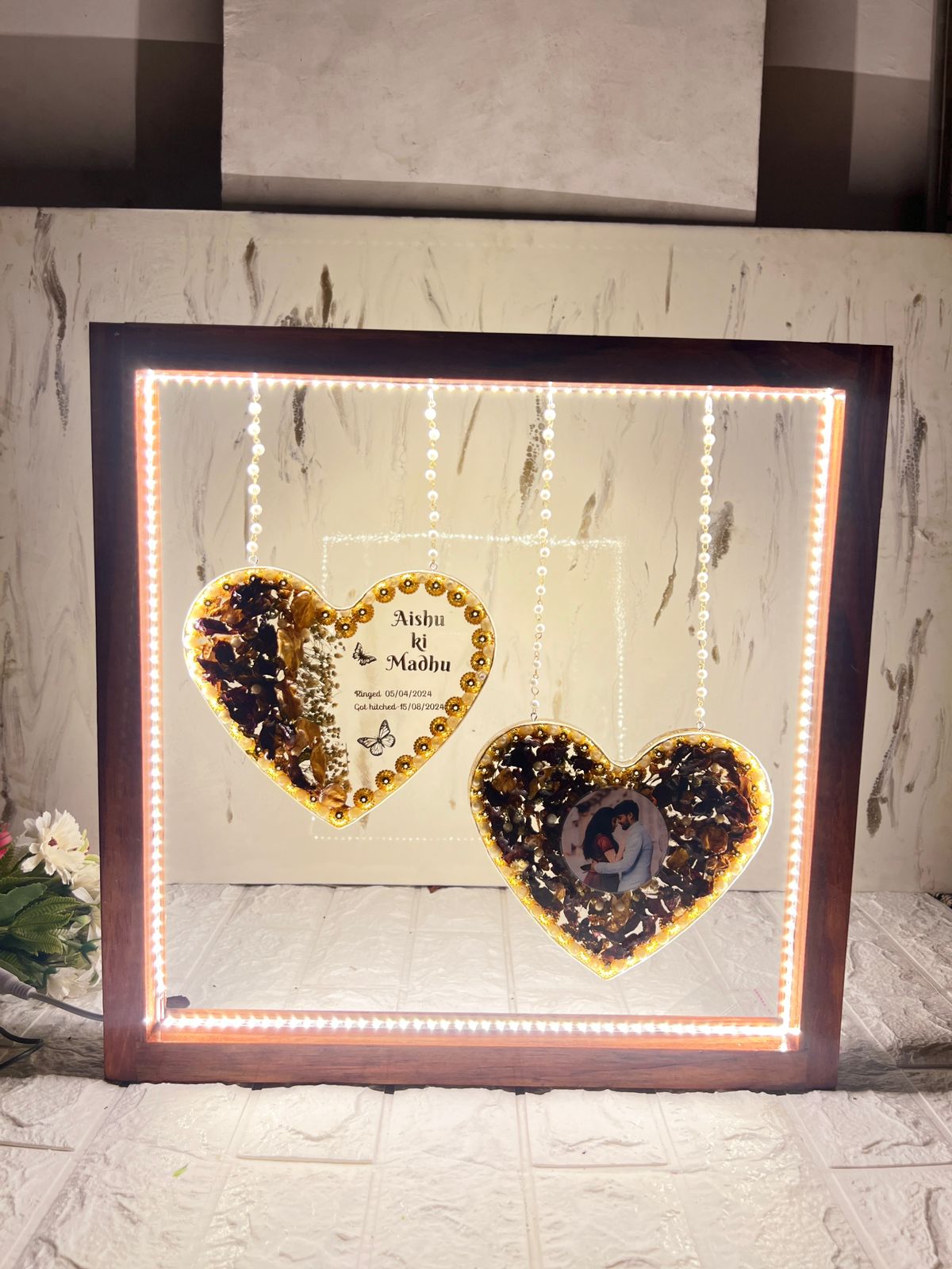 Resin Hanging heart option with yellow and rad peatls with pearls border with LED light connection Varmala preservation