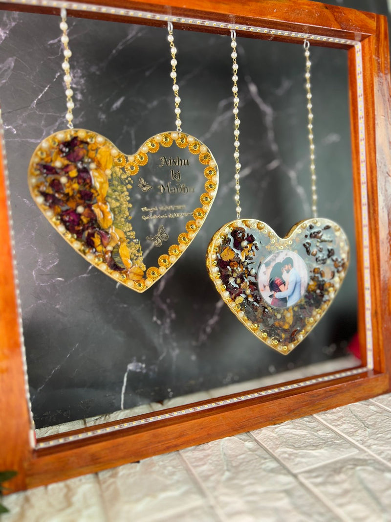 Resin Hanging heart option with yellow and rad peatls with pearls border with LED light connection Varmala preservation