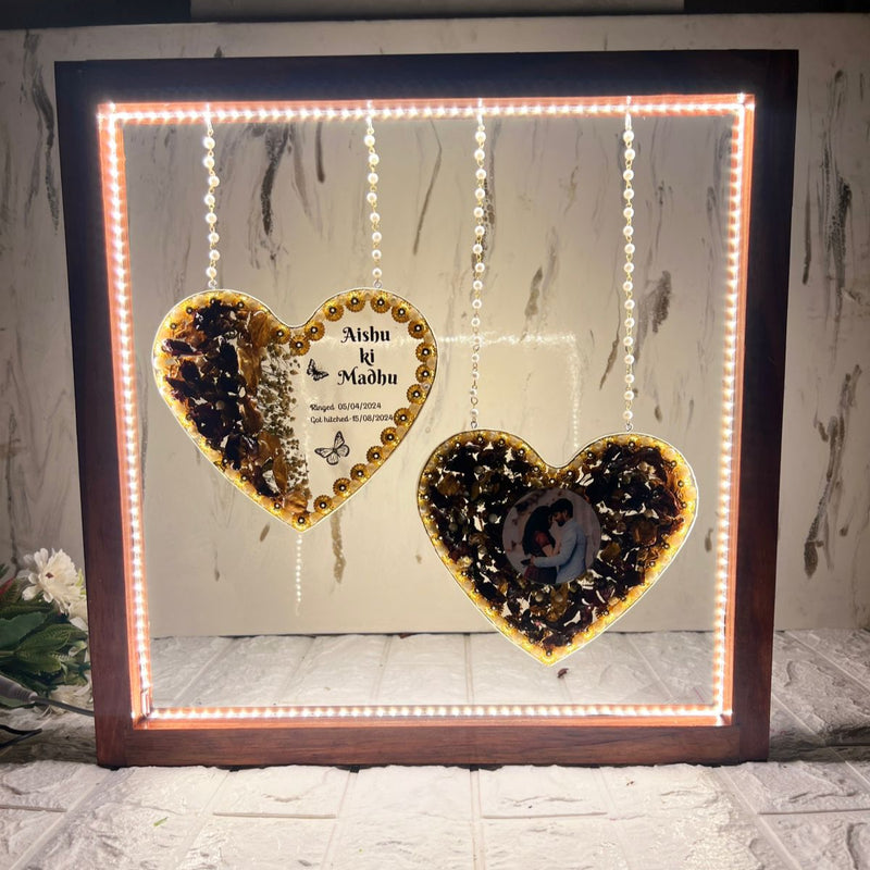 Resin Hanging heart option with yellow and rad peatls with pearls border with LED light connection Varmala preservation