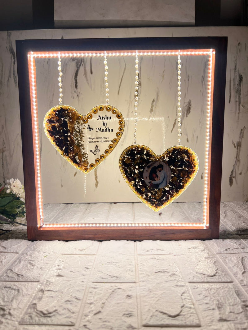 Resin Hanging heart option with yellow and rad peatls with pearls border with LED light connection Varmala preservation