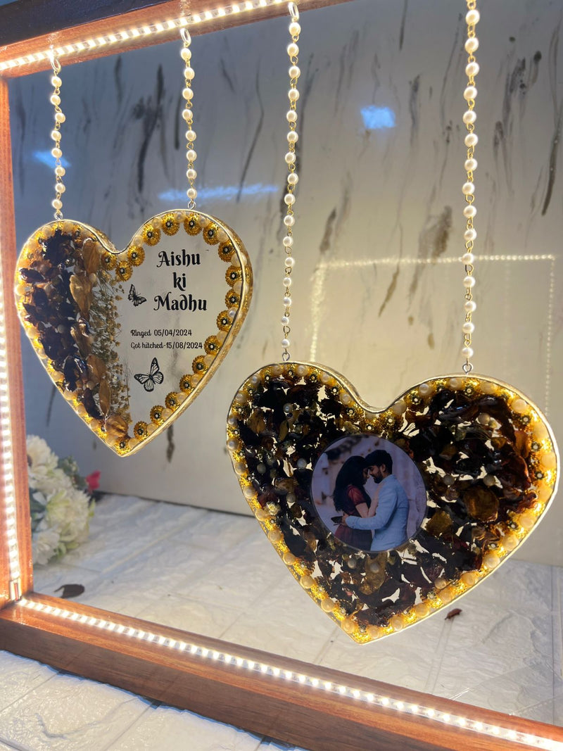 Resin Hanging heart option with yellow and rad peatls with pearls border with LED light connection Varmala preservation