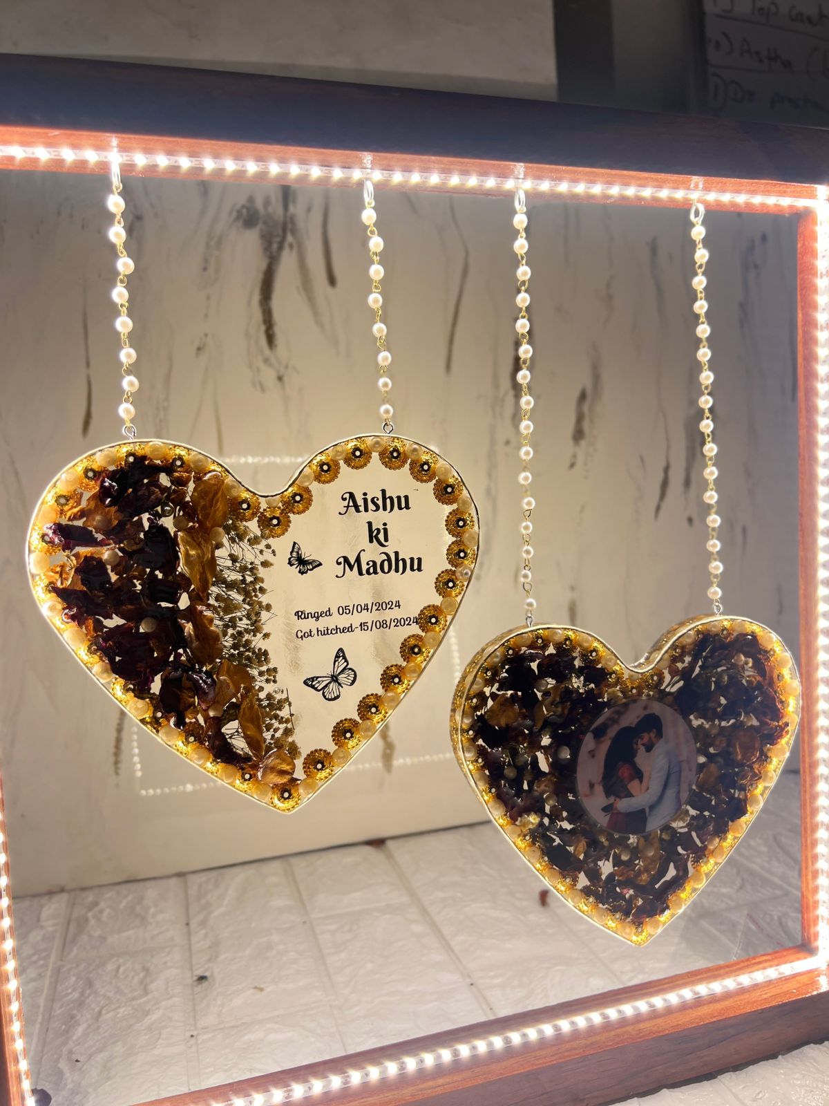 Resin Hanging heart option with yellow and rad peatls with pearls border with LED light connection Varmala preservation