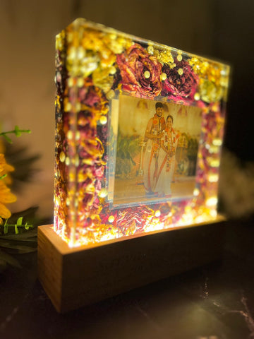 Resin-8inch squre with couple photo and LED stand with couple Name and date with BEAUTIFUL Varmala preservation