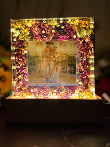 Resin-8inch squre with couple photo and LED stand with couple Name and date with BEAUTIFUL Varmala preservation