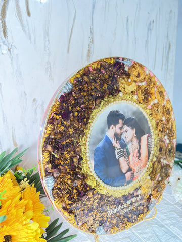 Resin 14 inch round with metal stand with yellow and rad peatles with pearls with couple photo and Name and Date Varmala Preservation