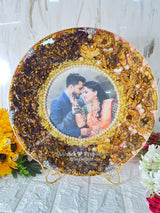 Resin 14 inch round with metal stand with yellow and rad peatles with pearls with couple photo and Name and Date Varmala Preservation