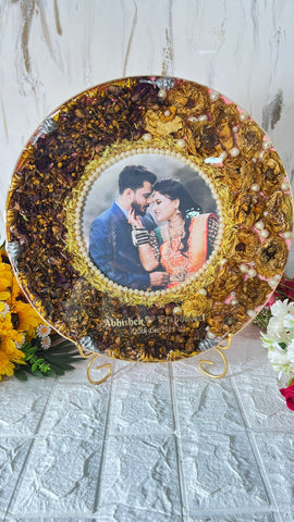 Resin 14 inch round with metal stand with yellow and rad peatles with pearls with couple photo and Name and Date Varmala Preservation