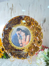 Resin 14 inch round with metal stand with yellow and rad peatles with pearls with couple photo and Name and Date Varmala Preservation