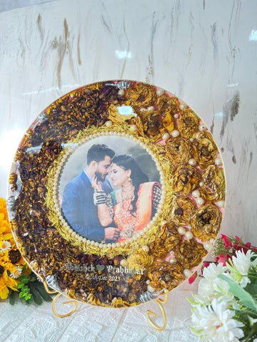 Resin 14 inch round with metal stand with yellow and rad peatles with pearls with couple photo and Name and Date Varmala Preservation