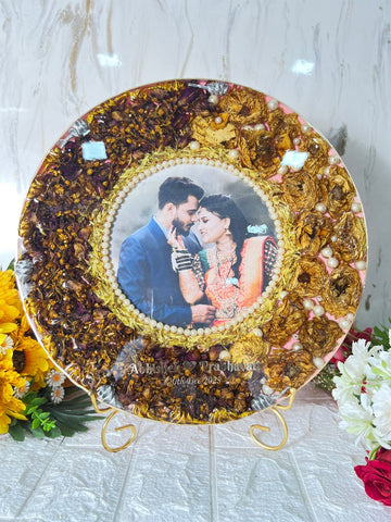 Resin 14 inch round with metal stand with yellow and rad peatles with pearls with couple photo and Name and Date Varmala Preservation