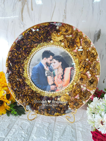Resin 14 inch round with metal stand with yellow and rad peatles with pearls with couple photo and Name and Date Varmala Preservation