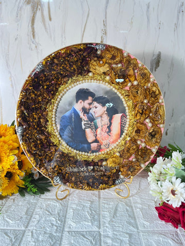 Resin 14 inch round with metal stand with yellow and rad peatles with pearls with couple photo and Name and Date Varmala Preservation