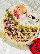 Resin 10inch curve shape with Purple Orchid Flower with couple Photo and  Name date with hashtag wit LED option with metal stand varmala preservation