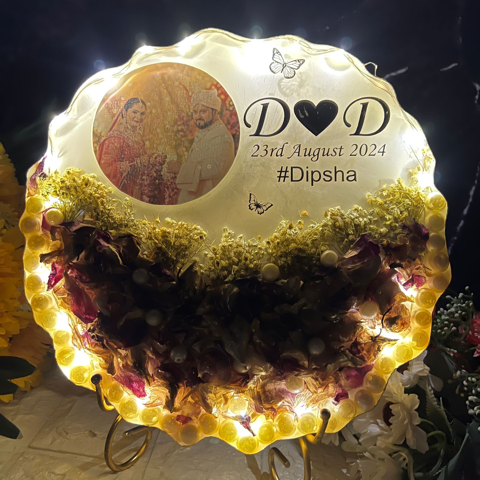 Resin 10inch curve shape with Purple Orchid Flower with couple Photo and  Name date with hashtag wit LED option with metal stand varmala preservation