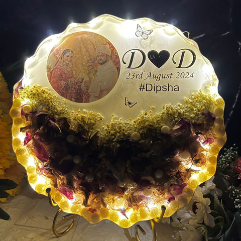 Resin 10inch curve shape with Purple Orchid Flower with couple Photo and  Name date with hashtag wit LED option with metal stand varmala preservation