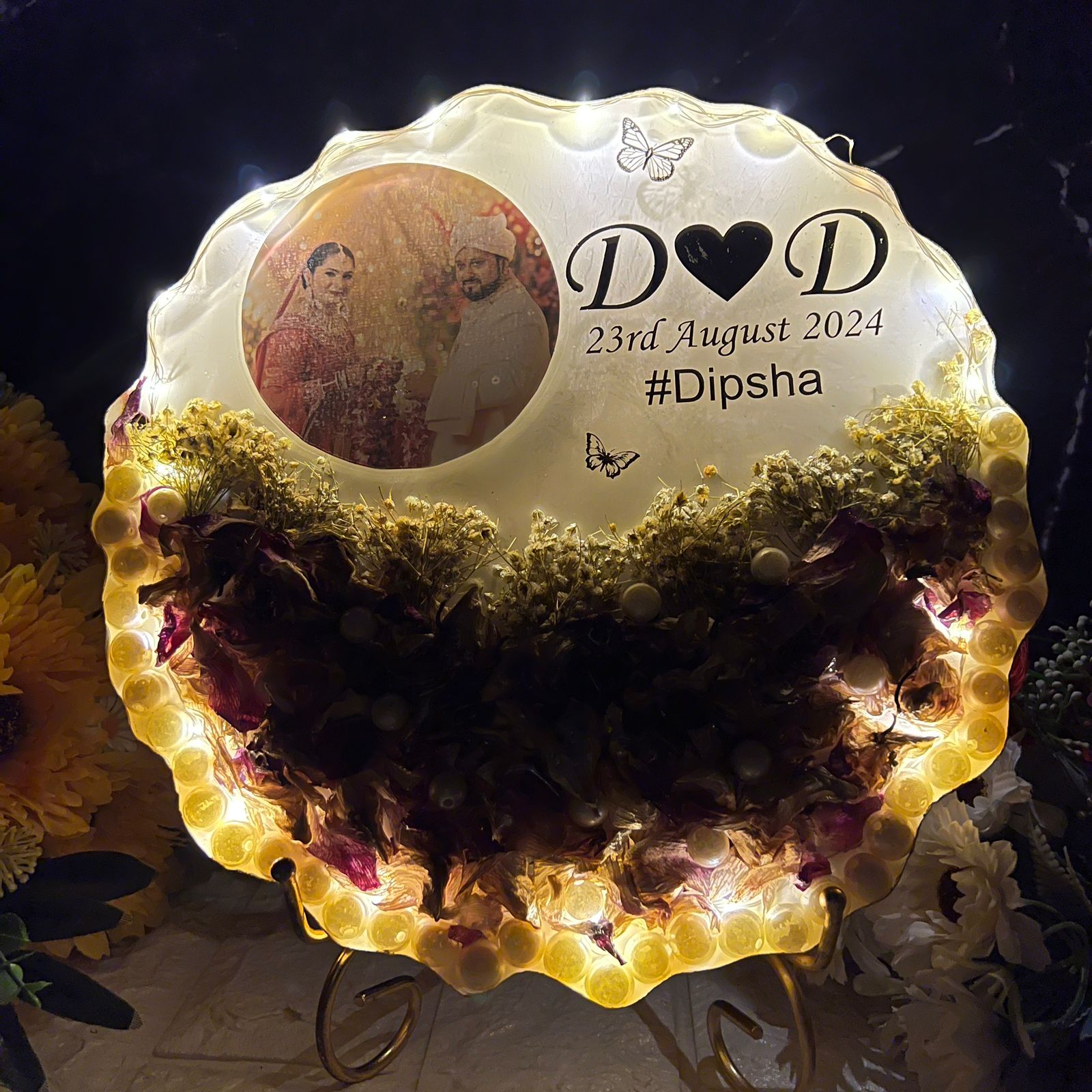 Resin 10inch curve shape with Purple Orchid Flower with couple Photo and  Name date with hashtag wit LED option with metal stand varmala preservation