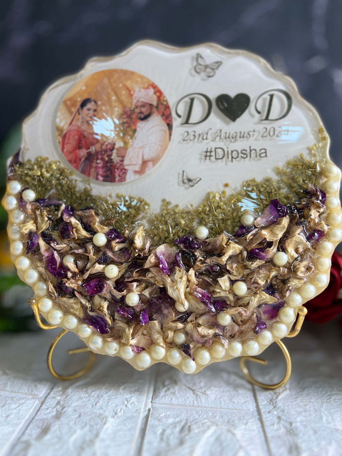 Resin 10inch curve shape with Purple Orchid Flower with couple Photo and  Name date with hashtag wit LED option with metal stand varmala preservation