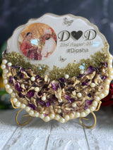 Resin 10inch curve shape with Purple Orchid Flower with couple Photo and  Name date with hashtag wit LED option with metal stand varmala preservation