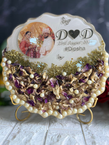 Resin 10inch curve shape with Purple Orchid Flower with couple Photo and  Name date with hashtag wit LED option with metal stand varmala preservation