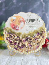 Resin 10inch curve shape with Purple Orchid Flower with couple Photo and  Name date with hashtag wit LED option with metal stand varmala preservation
