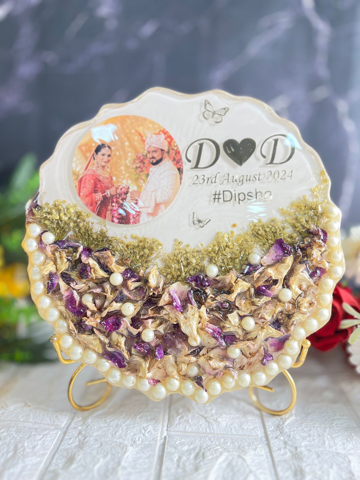 Resin 10inch curve shape with Purple Orchid Flower with couple Photo and  Name date with hashtag wit LED option with metal stand varmala preservation