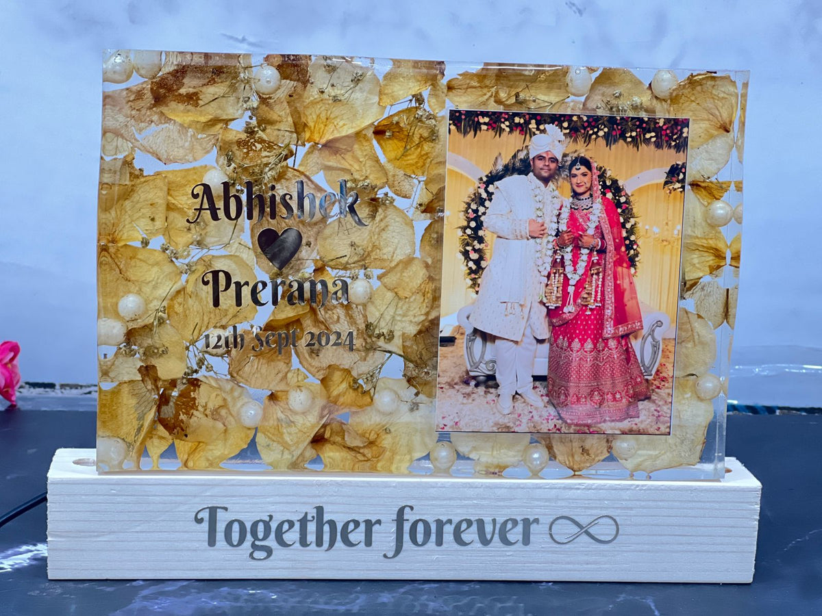 Resin 9 by 6inch Recatngular shape with white petals and  couple photo and Name,Date,Hastag, with LED stand Varmala preservation
