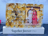 Resin 9 by 6inch Recatngular shape with white petals and  couple photo and Name,Date,Hastag, with LED stand Varmala preservation